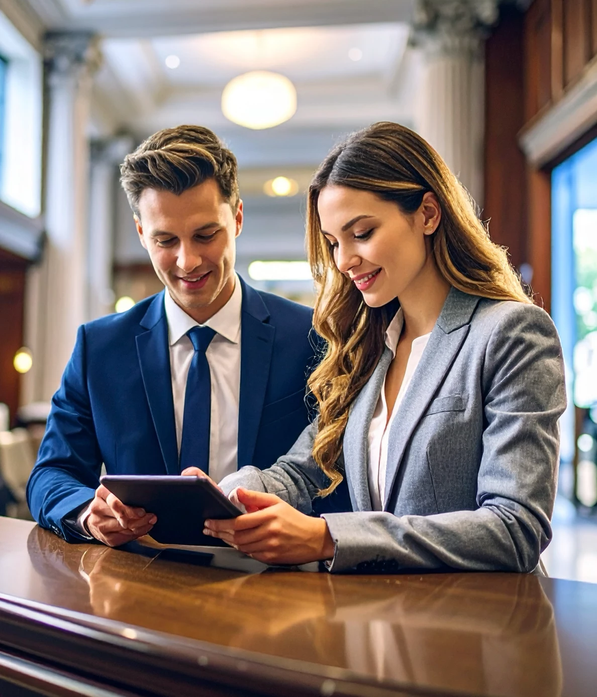 Two people in a clothes store, using an iPad to communicate