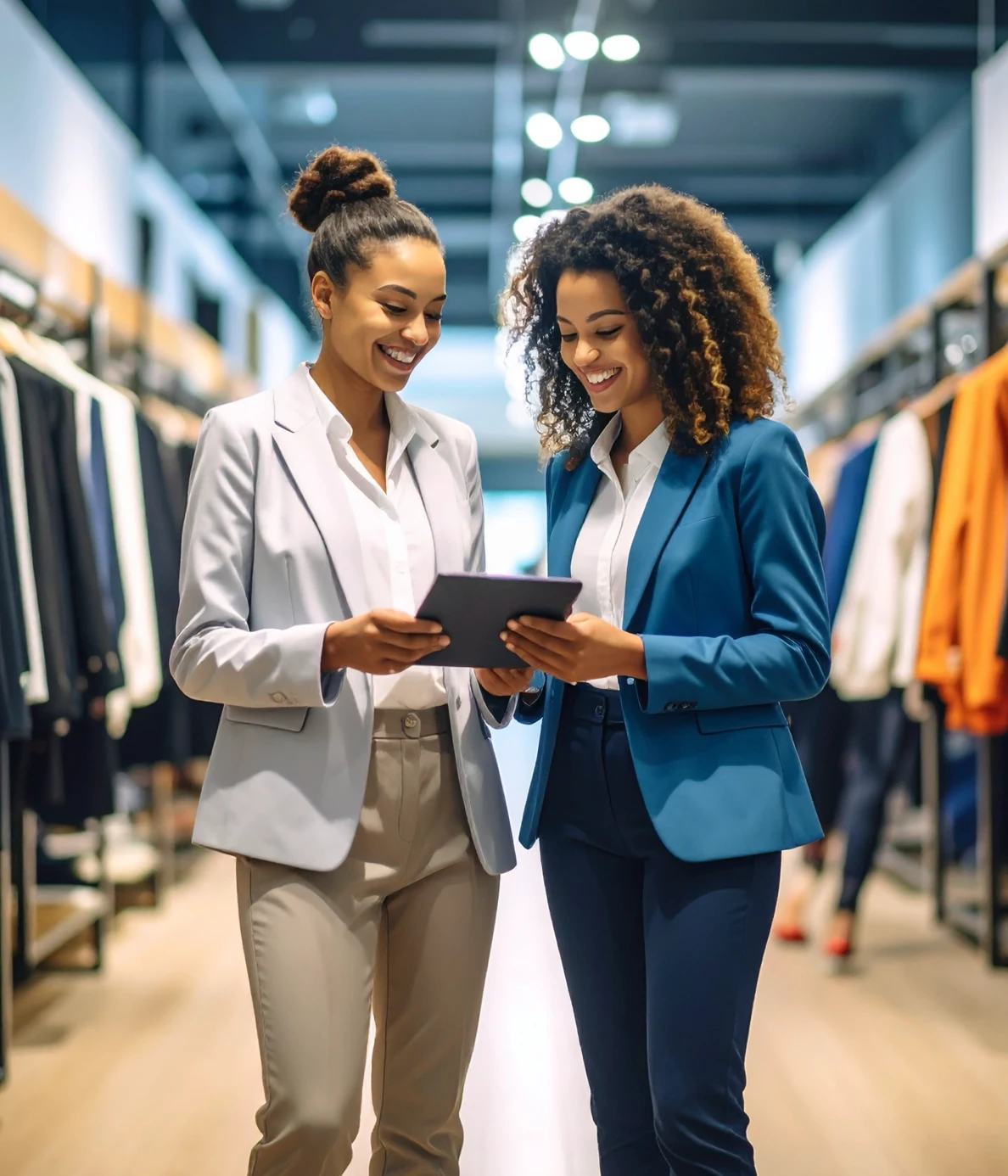 Two people in a clothes store, using an iPad to communicate