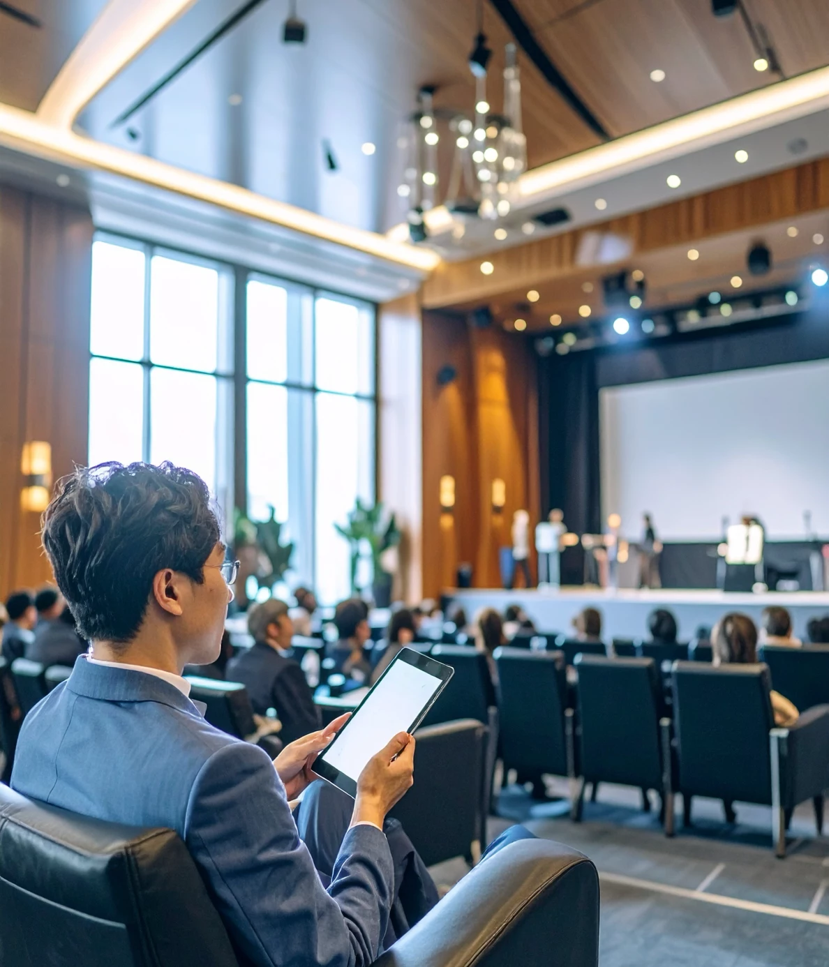 A person in a conference hall using an iPad