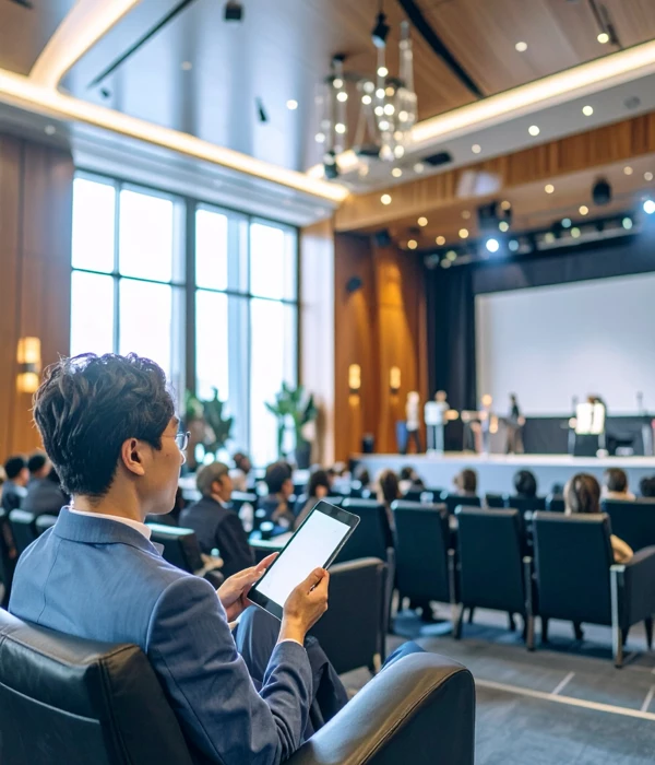 A person in a conference hall using an iPad