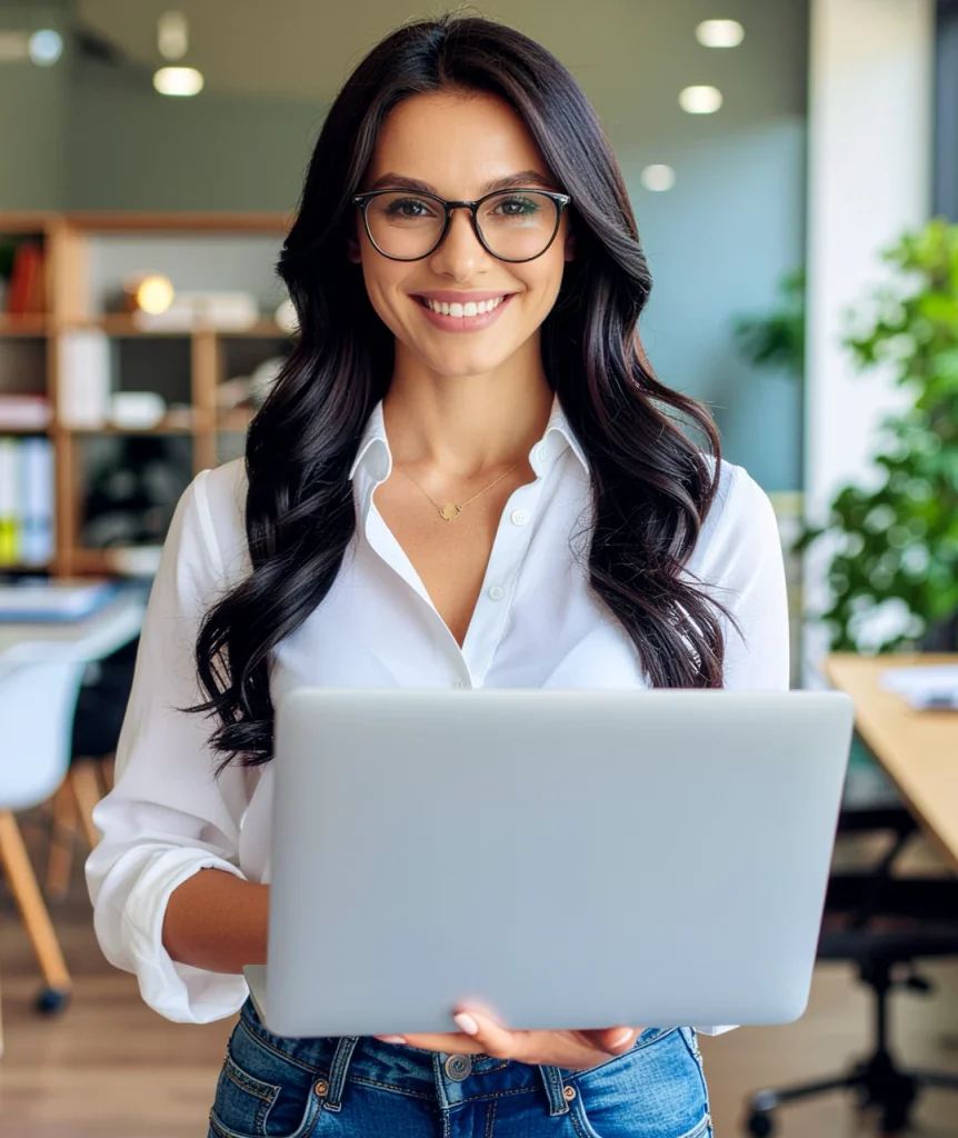 A woman holding a laptop