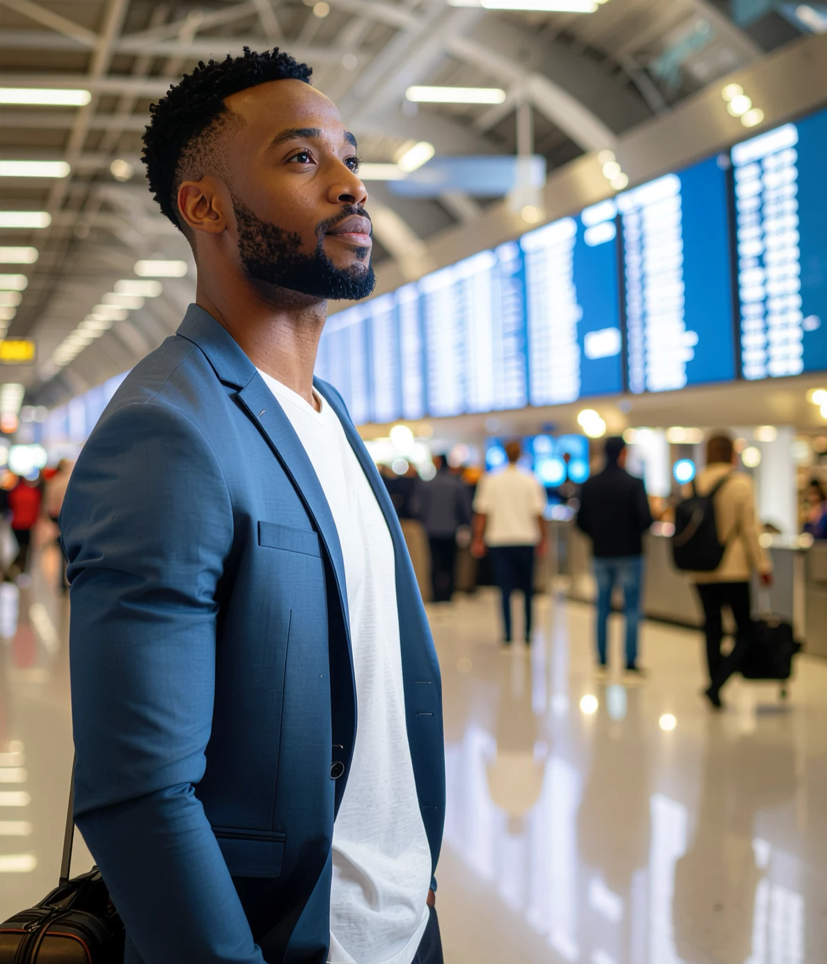 A person in a train station looking at an announcement display