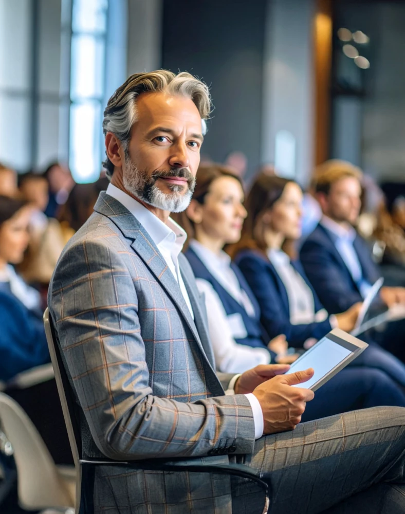 A man using an iPad to follow what's being said at an event