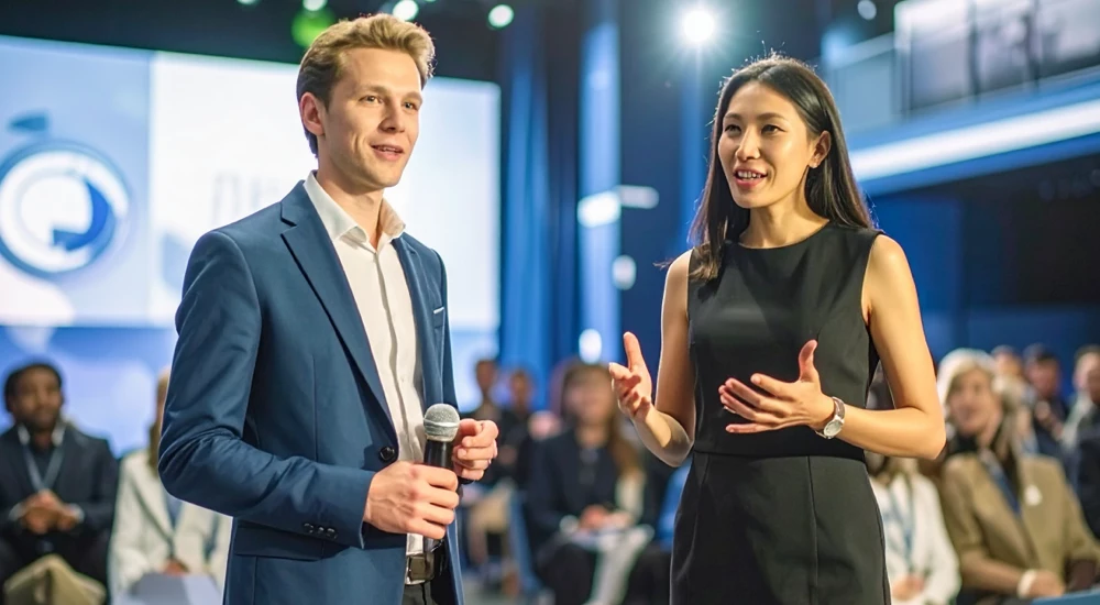 2 άτομα στη σκηνή δέχονται συνέντευξη